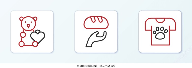 Set line Animal volunteer, Donate child toys and Donation food icon. Vector