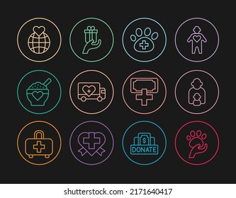 Set line Animal volunteer, Taking care of children, Veterinary clinic, Humanitarian truck, Donation food, Hand holding Earth globe, charity and Give gift icon. Vector