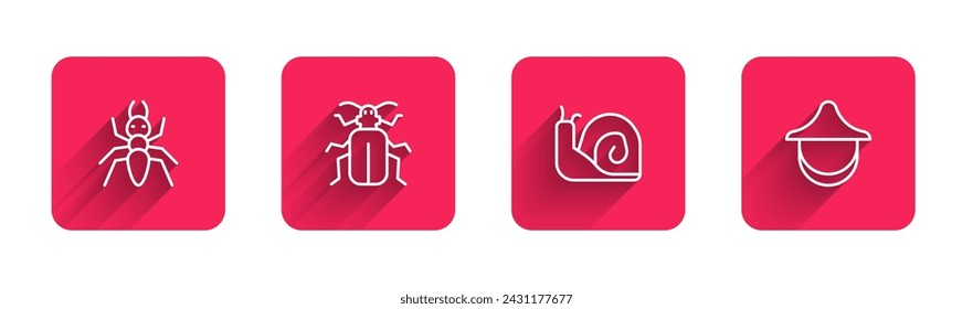 Set line Ant, Chafer beetle, Snail and Beekeeper hat with long shadow. Red square button. Vector