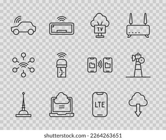 Set line Antenna, Cloud download, Smart Tv, Network cloud connection, car system, Usb wireless adapter, LTE network and Satellite dish icon. Vector