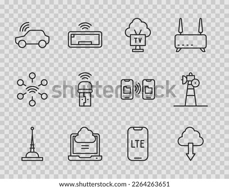 Set line Antenna, Cloud download, Smart Tv, Network cloud connection, car system, Usb wireless adapter, LTE network and Satellite dish icon. Vector