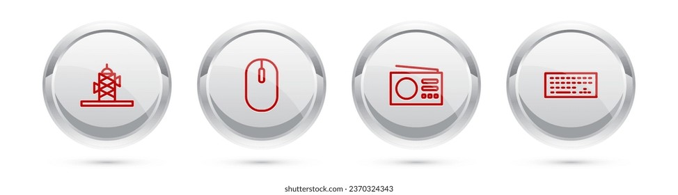 Set line Antenna, Computer mouse, Radio and Keyboard. Silver circle button. Vector