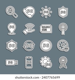 Zeilennummer, Digitaler Geschwindigkeitsmesser 5G, Netzwerk, Position, Suche und Nano Sim Card Symbol. Vektorgrafik