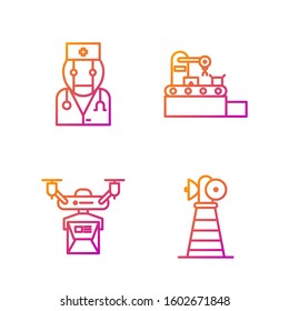 Set line Antenna, Drone delivery concept, Robot doctor and Factory conveyor system belt. Gradient color icons. Vector