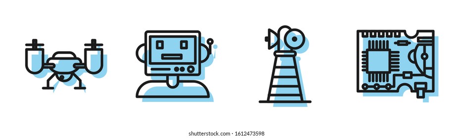 Set line Antenna, Drone flying with action camera, Robot and Printed circuit board PCB icon. Vector