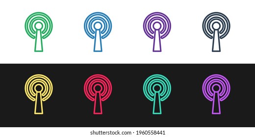 Set line Antenna icon isolated on black and white background. Radio antenna wireless. Technology and network signal radio antenna. Vector