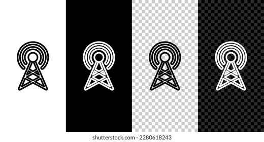 Set line Antenna icon isolated on black and white background. Radio antenna wireless. Technology and network signal radio antenna.  Vector