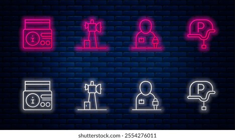 Set line Antenna, Journalist news, News on radio channel and War journalist. Glowing neon icon on brick wall. Vector