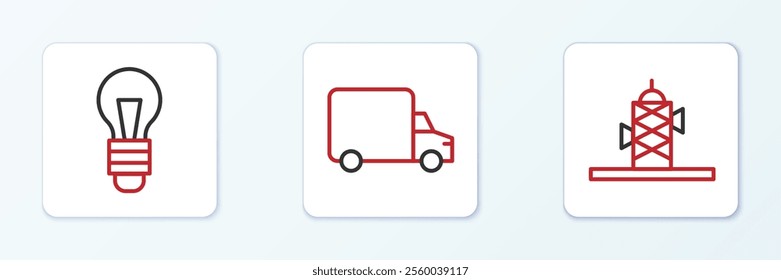 Set line Antenna, Light bulb and Delivery cargo truck icon. Vector