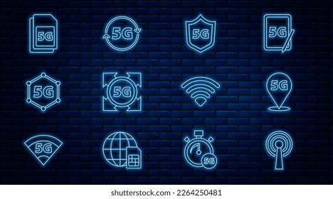 Set line Antenna, Location 5G network, Protective shield, Sim Card, Wi-Fi wireless and  icon. Vector