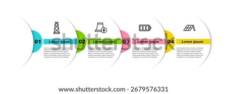 Set line Antenna, Nuclear power plant, Battery and Solar energy panel. Business infographic template. Vector