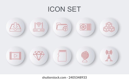 Set line Antenna, Play Video, Download arrow with folder, Earth globe, inbox, Router and wi-fi, Diamond and Micro SD memory card icon. Vector