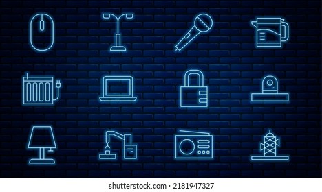 Set line Antenna, Security camera, Microphone, Laptop, Heating radiator, Computer mouse, Safe combination lock and Street light icon. Vector