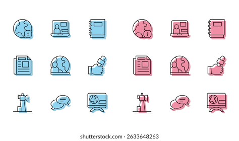Set line Antenna, Speech bubble chat, World news, Breaking, Journalist, News and  icon. Vector