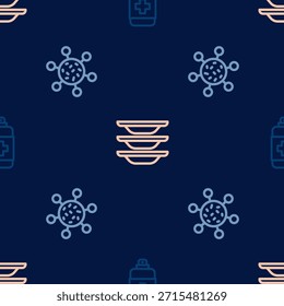 Set line Jabón antibacteriano, bacterias y lavar platos en un patrón sin fisuras. Vector