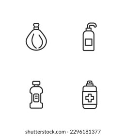Set line Antibacterial soap, Bottle for detergent, Garbage bag and  icon. Vector