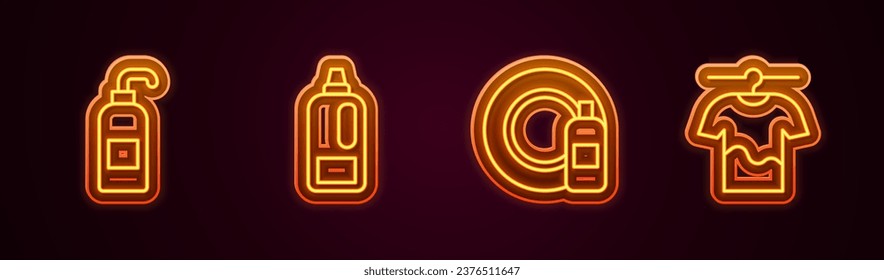 Set line Antibacterial soap, Bottle for detergent, Dishwashing bottle and plate and Drying clothes. Glowing neon icon. Vector
