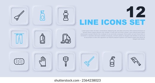 Set line Antibacterial soap, Brush for cleaning, Bottle detergent, Mop, Drying clothes, Rubber gloves, Cleaning spray with and Toilet brush icon. Vector