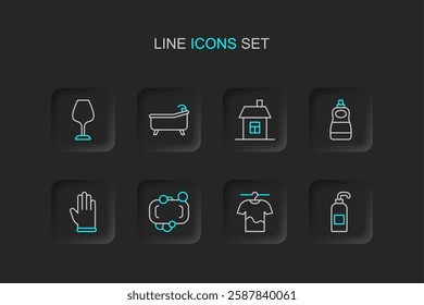 Set line Antibacterial soap, Drying clothes, Bar of, Rubber gloves, Dishwashing liquid bottle, House, Bathtub and Wine glass icon. Vector