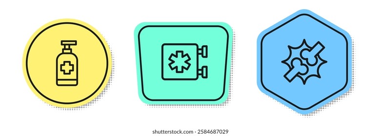 Set line Antibacterial soap, Emergency - Star of Life and Joint pain, knee pain. Colored shapes. Vector