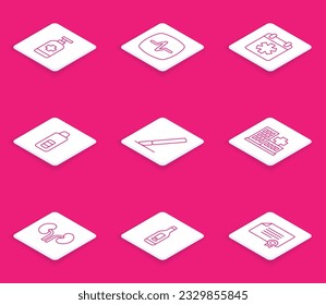 Set line Antibacterial soap, Heart rate, Doctor appointment, Digital thermometer, Surgery scalpel, Hospital building, Human kidneys and  icon. Vector