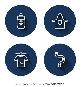 Set line Antibacterial soap, Kitchen apron, Drying clothes and Industry metallic pipe with long shadow. Blue circle button. Vector