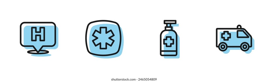 Set line Antibacterial soap, Location hospital, Emergency - Star of Life and Ambulance car icon. Vector