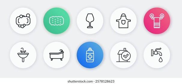 Set line Antibacterial soap, Towel on hanger, Washbasin, Home cleaning service, Kitchen apron, Wine glass, Water tap and Bathtub icon. Vector