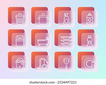 Set line Antibacterial soap, Vacuum cleaner, Washing dishes, Toilet brush, Bathtub, Cleaning spray with detergent, Trash can and Cooking pot icon. Vector