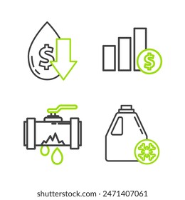 Set line Antifreeze canister, Broken metal pipe with leaking water, Pie chart infographic and dollar and Drop crude oil price icon. Vector