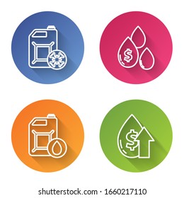 Set line Antifreeze canister, Oil drop with dollar symbol, Canister for motor machine oil and Oil price increase. Color circle button. Vector