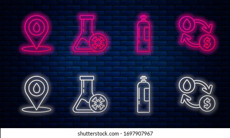 Set line Antifreeze test tube, Industrial gas cylinder tank, Refill petrol fuel location and Oil exchange, water transfer, convert. Glowing neon icon on brick wall. Vector