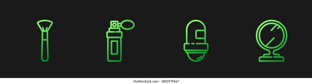 Set line Antiperspirant deodorant roll, Makeup brush, Perfume and Round makeup mirror. Gradient color icons. Vector