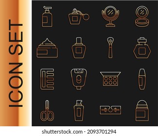 Fijar línea de rollo de desodorante antiperspirante, cepillo de mascara, Perfume, espejo de maquillaje redondo, tubo cosmético de crema lotion e icono de maquillaje. Vector