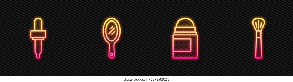Set line Antiperspirant deodorant roll, Pipette, Hand mirror and Makeup brush. Glowing neon icon. Vector