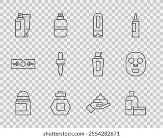 Set line Antiperspirant deodorant roll, Cream lotion cosmetic tube, Bottle of shampoo, Perfume, Pipette,  and Facial mask icon. Vector