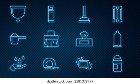 Set line Antiperspirant deodorant roll, Condom, Rubber plunger, Handle broom, Washing powder, Menstrual cup, Wet wipe pack and Shaving gel foam icon. Vector