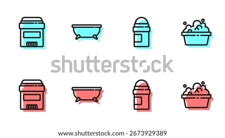 Set line Antiperspirant deodorant roll, , Bathtub and Basin with soap suds icon. Vector