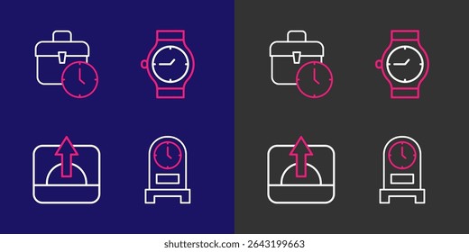 Set line Antique clock, Sunrise, Wrist watch and Work time icon. Vector