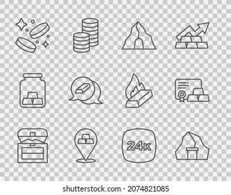 Fijar la línea del cofre del tesoro antiguo, la mina de oro, las barras, el dinero de la moneda, 24k y con el icono del certificado. Vector