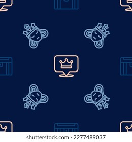 Set line Antique treasure chest, Princess or queen and King crown on seamless pattern. Vector