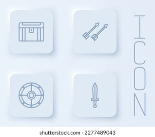 Set line Antique treasure chest, Medieval arrows, Round shield and sword. White square button. Vector