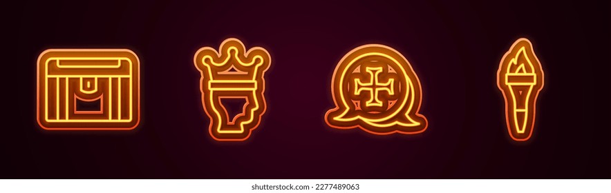 Set line Antique treasure chest, King crown, Crusade and Torch flame. Glowing neon icon. Vector