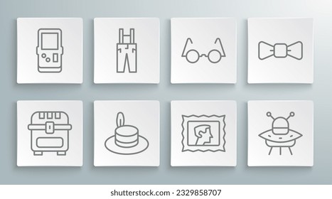 Set line Antique treasure chest, Pants with suspenders, Man hat, Postal stamp, UFO flying spaceship, Eyeglasses, Bow tie and Tetris icon. Vector