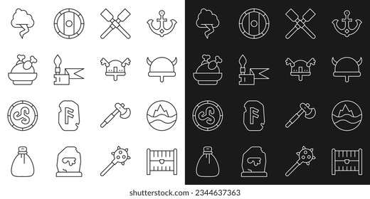 Set line Antique treasure chest, Sea and waves, Viking in horned helmet, Oars paddles boat, Medieval spear, Roasted turkey chicken, Cloud lightning and  icon. Vector