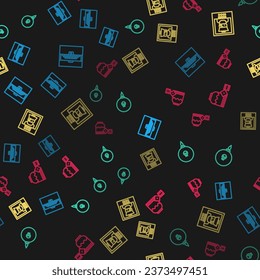 Set line Antique treasure chest, Bomb ready to explode, Wanted poster pirate and Pirate game dice on seamless pattern. Vector