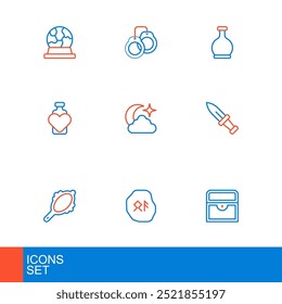 Set line Antiguo cofre del tesoro, runas mágicas, espejo de mano, daga, botella con poción de amor, estrellas de la luna, y el icono de esposas. Vector