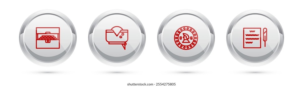 Set line Antique treasure chest, Pirate hat, coin and Feather pen and scroll. Silver circle button. Vector