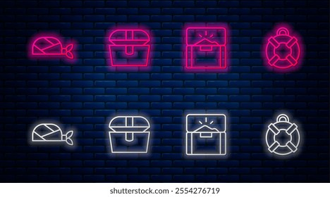 Set line Antique treasure chest, , Pirate bandana for head and Lifebuoy. Glowing neon icon on brick wall. Vector