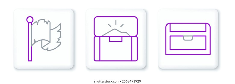 Set line Antique treasure chest, Pirate flag and  icon. Vector